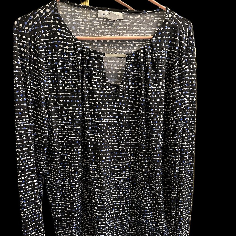 Liz Claiborne Abstract Print Tunic - Black Blue White - Long Sleeve - XL